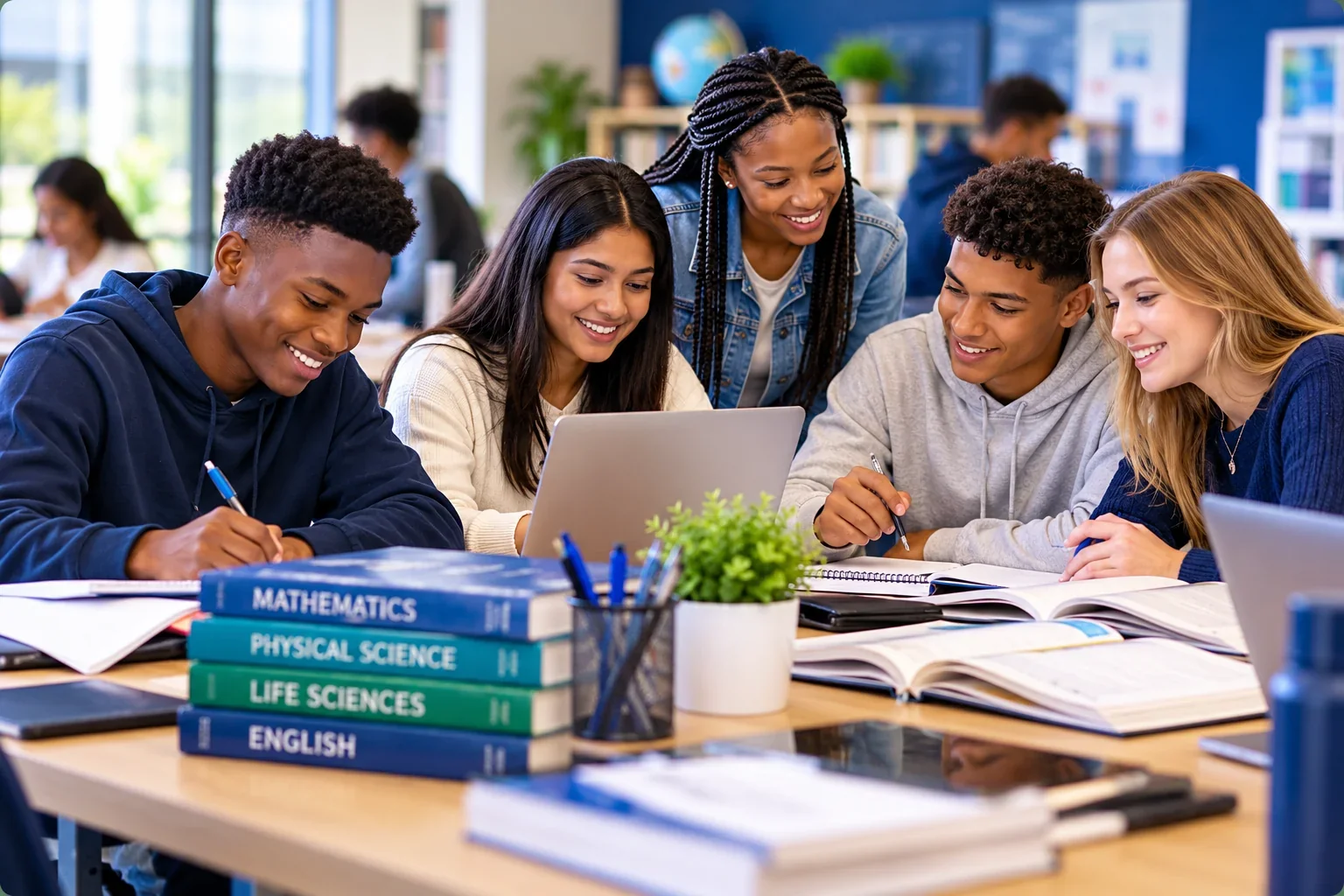 Diverse learners studying together in a bright study environment