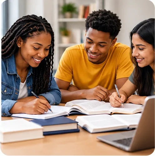 Tutor helping a student with study notes at a desk