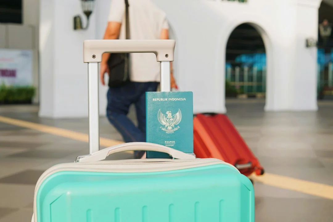 Passport, visa and travel documents with airplane planning